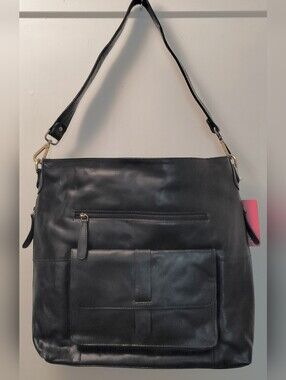 Large, Tote Size, Black Leather Shoulder Bag with Front Pockets